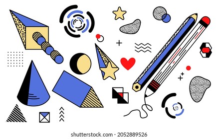 Vector set of abstract isolated elements, geometric shapes, stationery items. Pencils, circles, balls, cubes, triangles, etc. are depicted. They can be used in design, typography etc