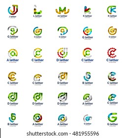 Vector set of abstract letter business logo icons, geometric wavy flowing style