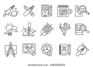 Vector set of abstract line art icons. Digital design and creative production. Web and software development, education, generation of success ideas, business vision