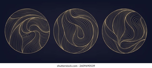 Vector set of abstract line circle luxury logos, art deco golden organic wave signs. Round water shape, royal oriental graphic design. 