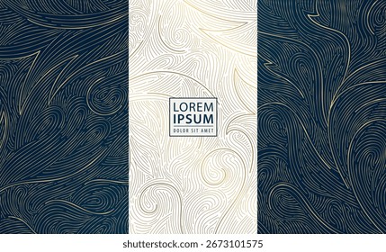 Conjunto vetorial de padrões de folhas de ouro de linha abstrata, cartões de luxo florais de flores de plantas, capas elegantes e fundos. Moderna onda gráfico de selva extravagante, design de pacote, vinho, perfume, design cosmético