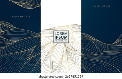 Conjunto de Vector de líneas abstractas ondas japonesas doradas, agua art deco, deja un patrón de flujo dinámico. Anuncios de Antiguas, carteles del océano, Anuncios elegantes del ornamento premium, cubiertas de la nube