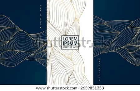 Vector set of abstract line golden japanese waves, art deco water, leaves dynamic flow pattern. Vintage banners, ocean posters, elegant premium ornament banners, cloud covers