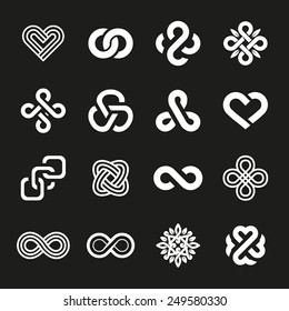 Vector set of abstract line logos and infinity signs - graphic design elements and emblems on black background