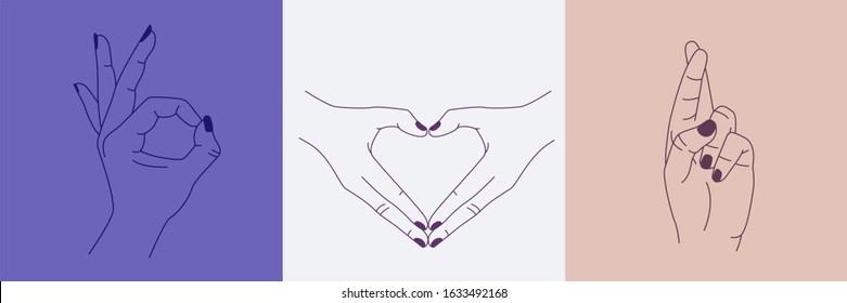 Vector set of abstract logo design templates in simple linear style - hands in different gestures - heart made by hands, okay gesture, hands in shackles, crossed fingers in minimalism