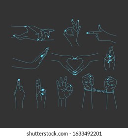 Vector set of abstract logo design templates in simple linear style - hands in different gestures. Fashionable templates for cosmetics and packaging, tattoo design or stickers. Isolated background