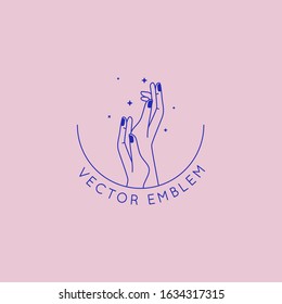 Vector Set Of Abstract Logo Design Template In Simple Linear Style - Hands And Stars - Mystic Abstract Symbols For Cosmetics And Packaging, Jewellery, Hand Crafted Or Beauty Products 