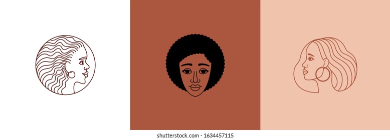 Vector set of abstract logo design templates in trendy linear minimal style, emblem for beauty studio and cosmetics - female portrait, beautiful afro woman's face - badge for make up artist