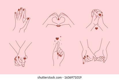Vector set of abstract logo design template in simple linear style - holding hands gestures - love and friendship concepts - tattoo and sticker design elements. Valentine's day greeting card in minima
