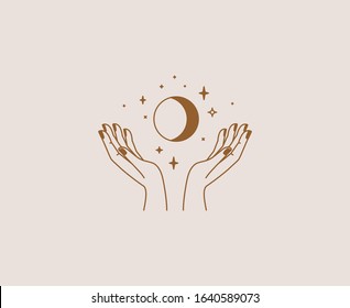 Vector set of abstract logo design template in simple linear style - hands and stars - mystic abstract symbols for cosmetics and packaging, jewellery, hand crafted or beauty products 