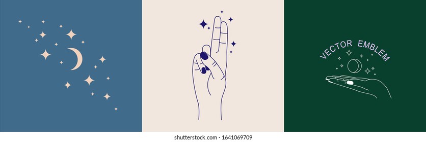Vector set of abstract logo design templates in simple linear style - hands gestures - hands in shackles, crossed fingers, magic key, moon and dawn in minimalism.