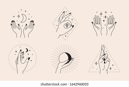 Vector set of abstract logo design template in simple linear style - hands and stars - mystic abstract symbols for cosmetics and packaging, jewelery, hand crafted or beauty products 