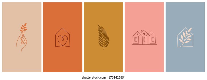 Vector set abstract logo design templates in simple linear style    cozy home emblems  houses   plants  stay at home    symbols for social media stories highlights   posts for interior stores and