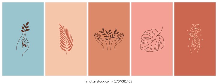 Vector set of abstract logo design templates in simple linear style - hands and plants - mystic abstract symbols for social media stories highlights and posts, for cosmetics and packaging, jewellery, 