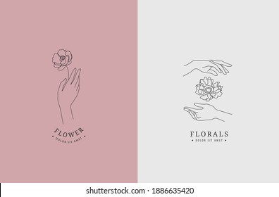 Vector set of abstract logo design templates in linear minimal style, hands with flowers. Use for cosmetics, jewellery, beauty,  handmade products, tattoo studios, flower shop