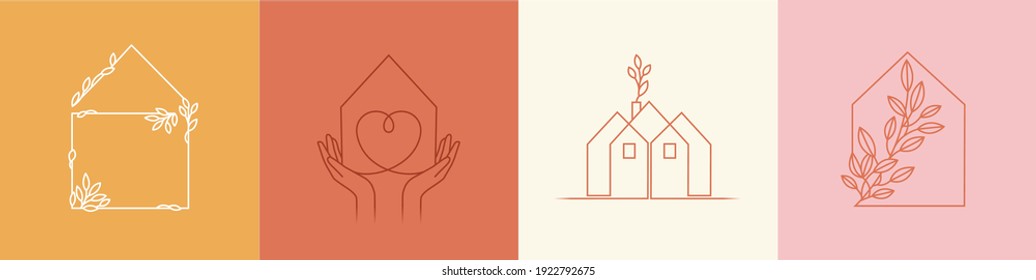 Vector Set Of Abstract Logo Design Templates In Simple Linear Style - Cozy Home Emblems, Houses And Plants Stay At Home