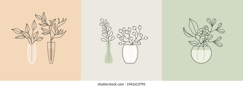 Vector set of abstract logo design templates in simple linear style - cozy home emblems, houses and plants stay at home - symbols for social media stories highlights and posts for interior stores