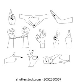 Vector set of abstract logo design templates in simple linear style - hands in different gestures. Fashionable templates for cosmetics and packaging, tattoo design or stickers. Isolated background