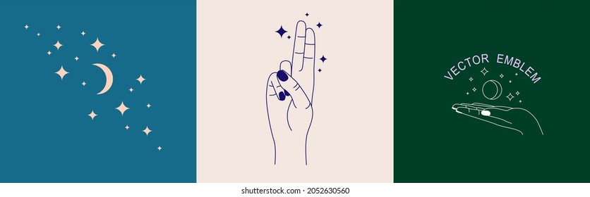 Vector set of abstract logo design templates in simple linear style - hands in different gestures. Fashionable templates for cosmetics and packaging, tattoo design or stickers. Isolated background