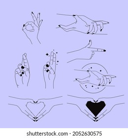 Vector set of abstract logo design templates in simple linear style - hands in different gestures. Fashionable templates for cosmetics and packaging, tattoo design or stickers. Isolated background