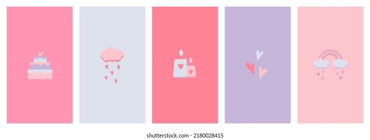 Vector set of abstract logo design templates in simple flat style - heart emblems, cloud and rainbow with hearts, cake, candles - symbols of love for highlights and social media posts