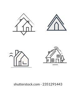 Vector set of abstract logo design templates in simple linear style - cozy home emblems, houses and plants stay at home - symbols for social media stories highlights and posts for interior stores and