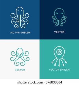 Vector set of abstract logo design templates in trendy linear style - octopus emblems