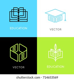 Vector set of abstract logo design templates- online education and learning concepts - book emblems and brain icons  - emblems for courses, classes, schools and online publishers