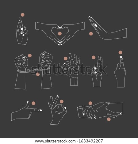 Vector set of abstract logo design templates in simple linear style - hands in different gestures. Fashionable templates for cosmetics and packaging, tattoo design or stickers. Isolated background