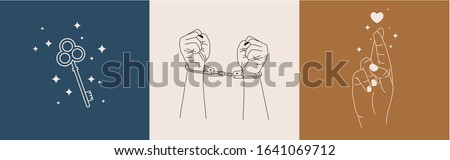 Vector set of abstract logo design templates in simple linear style - hands gestures - hands in shackles, crossed fingers, magic key, moon and dawn in minimalism.