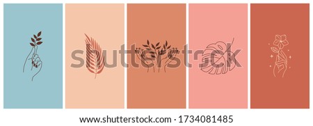 Vector set of abstract logo design templates in simple linear style - hands and plants - mystic abstract symbols for social media stories highlights and posts, for cosmetics and packaging, jewellery, 