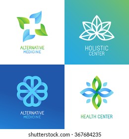 Vector set of abstract logos and emblems - alternative medicine concepts and health centers insignias in gradient blue and green colors