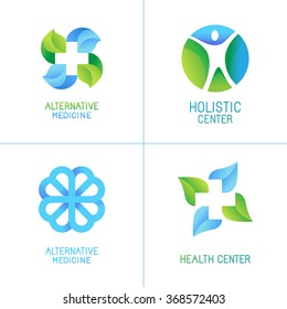 Vector set of abstract logos and emblems - alternative medicine concepts and health centers insignias in gradient blue and green colors