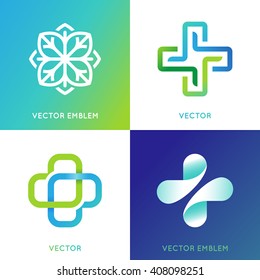 Vector set of abstract logos and emblems - alternative medicine concepts and health centers insignias in gradient blue and green colors - plus signs 