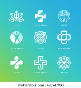 Vector set of abstract logos and emblems - alternative medicine concepts and health centers insignias in gradient blue and green colors