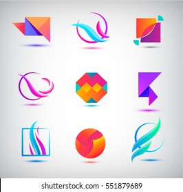 Conjunto de vectores de logos abstractos, iconos. elementos mínimos para la identidad empresarial. Cristal, origami, esfera, flujo.