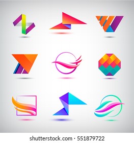 Vector set of abstract logos, icons. minimal elements for business identity. Crystal, origami, sphere, flow.