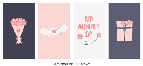 Vector set of abstract lovely logo design templates with flowers bouquet, love letter, happy valentine’s day text and gift box symbols for social media stories highlights and posts