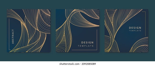 Vector set of abstract luxury golden square cards, post templates for social net, wavy line art background. Art Deco Pattern, texture for print, fabric, packaging design. Vintage illustration