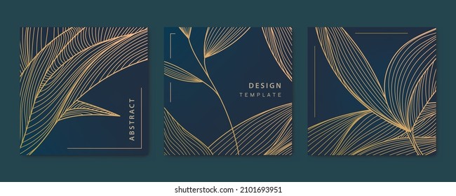 Vector Set Of Abstract Luxury Golden Square Cards, Post Templates For Social Net, Leaves Botanical Modern, Art Deco Wallpaper Background. Pattern, Texture For Print, Fabric, Packaging Design.