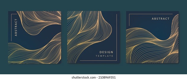 Vector set of abstract luxury golden square cards, post templates for social net, wavy line art background. Art Deco Pattern, texture for print, fabric, packaging design. 