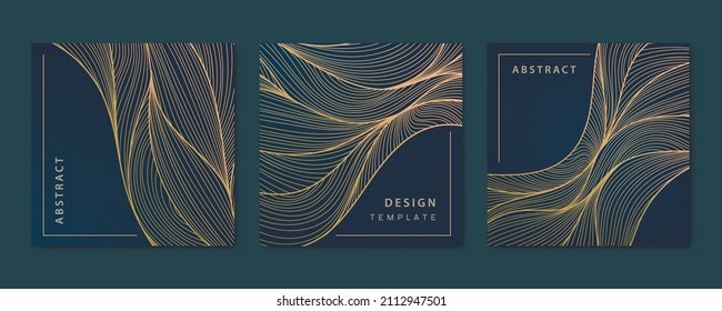 Conjunto de vectores de tarjetas cuadradas de oro de lujo abstractas, plantillas de publicación para redes sociales, fondo de línea ondulada de arte. Patrón Art Deco, textura para impresión, tela, diseño de embalaje