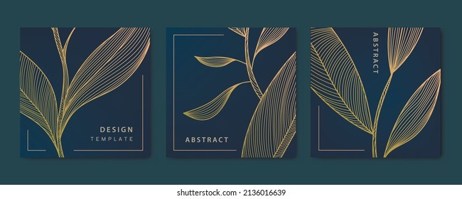 Vector set of abstract luxury golden square cards, post templates for social net, leaves botanical modern, art deco wallpaper background. Pattern, texture for print, fabric, packaging design.