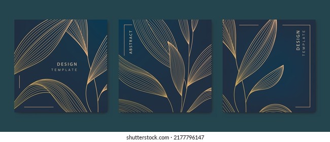 Vector set of abstract luxury golden square cards, post templates for social net, leaves botanical modern, art deco wallpaper background. Pattern, texture for print, fabric, packaging design.