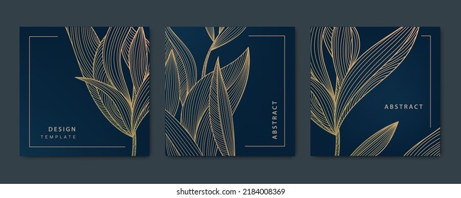 Vector set of abstract luxury golden square cards, post templates for social net, leaves botanical modern, art deco wallpaper background. Pattern, texture for print, fabric, packaging design.