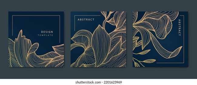 Vector set of abstract luxury golden square cards, post templates for social net, leaves, floral botanical modern, art deco wallpaper background. Pattern, texture for print, fabric, packaging design.