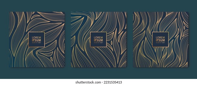 Conjunto vectorial de tarjetas cuadradas de oro de lujo abstractas, postales para red social, deja fondo botánico moderno, art deco fondo de fondo. Patrón, textura para impresión, tela, diseño de embalaje.