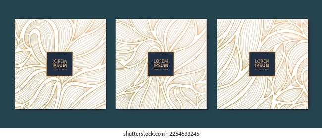 Conjunto vectorial de tarjetas cuadradas de oro de lujo abstractas, postales para red social, hojas onduladas botánicas modernas, fondo de fondo de fondo de fondo Art Deco. Patrón, textura para impresión, tela, diseño de embalaje