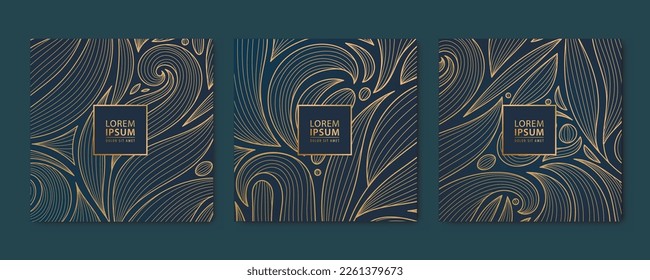 Vector set of abstract luxury golden square cards, post templates for social net, leaves botanical modern, art deco wallpaper background. Pattern, texture for print, fabric, packaging design.