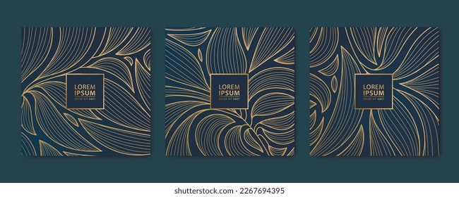 Conjunto vectorial de tarjetas cuadradas de oro de lujo abstractas, postales para red social, deja fondo botánico moderno, art deco fondo de fondo. Patrón, textura para impresión, tela, diseño de embalaje.